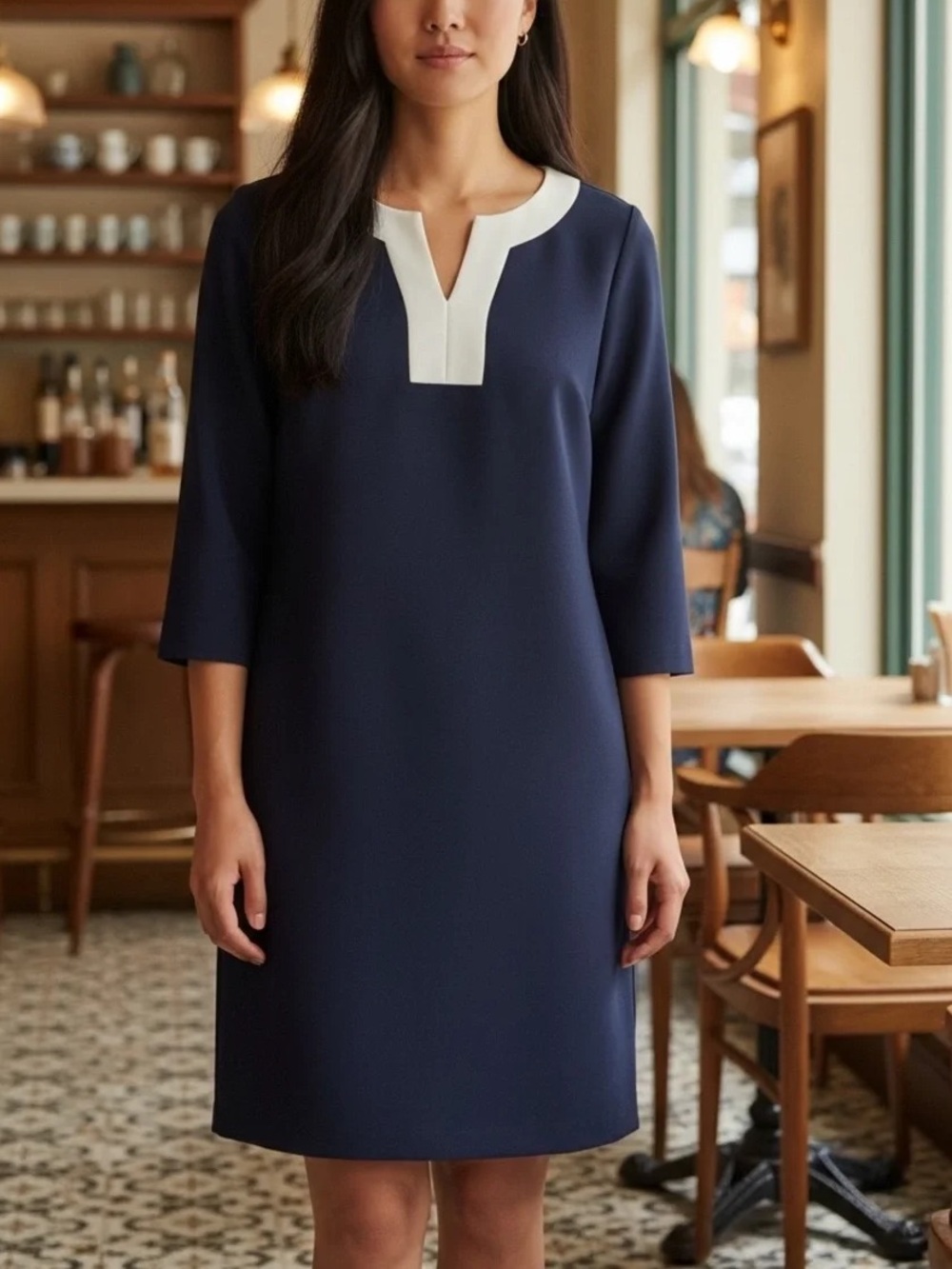Talbots Navy Shift ponte knit sheath 3/4 sleeve Dress with White Trim size 10
